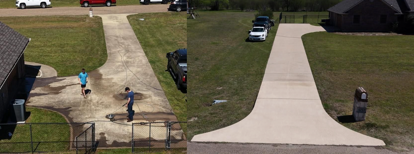Driveway pressure-washed: dirty before on the left, clean concrete after on the right.